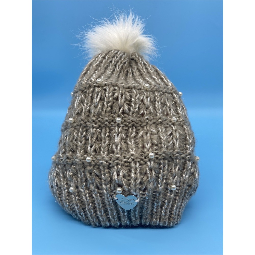 Betsy Johnson Silver Winter Beanie Hat w/Faux Pearls and Pom-Pom